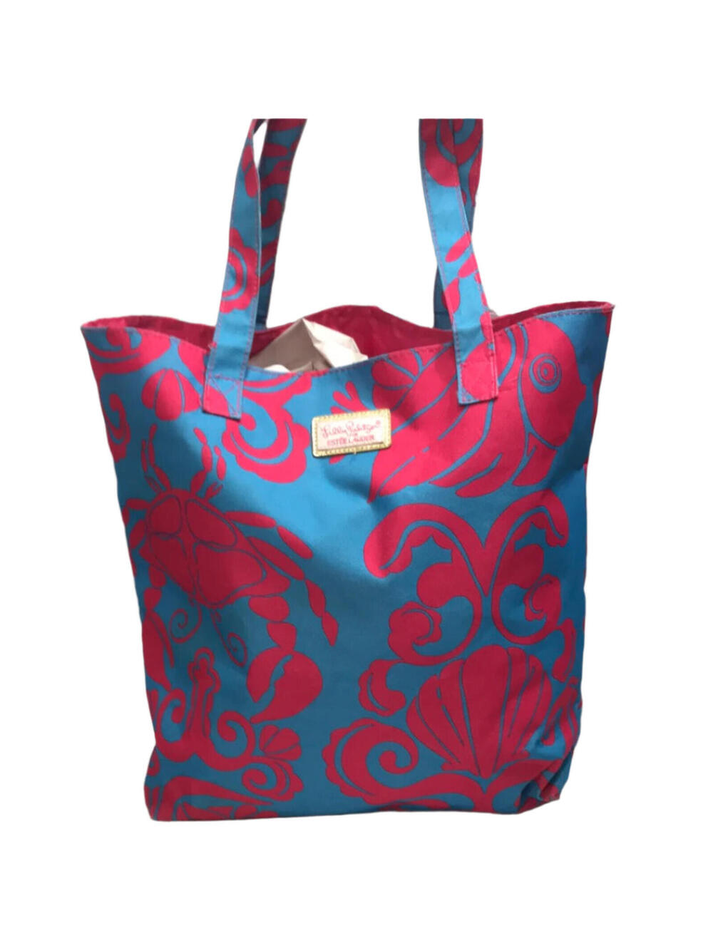 Lilly Pulitzer for Estee Lauder Tropical Crabs Canvas Tote Bag Pink & Blue 16"